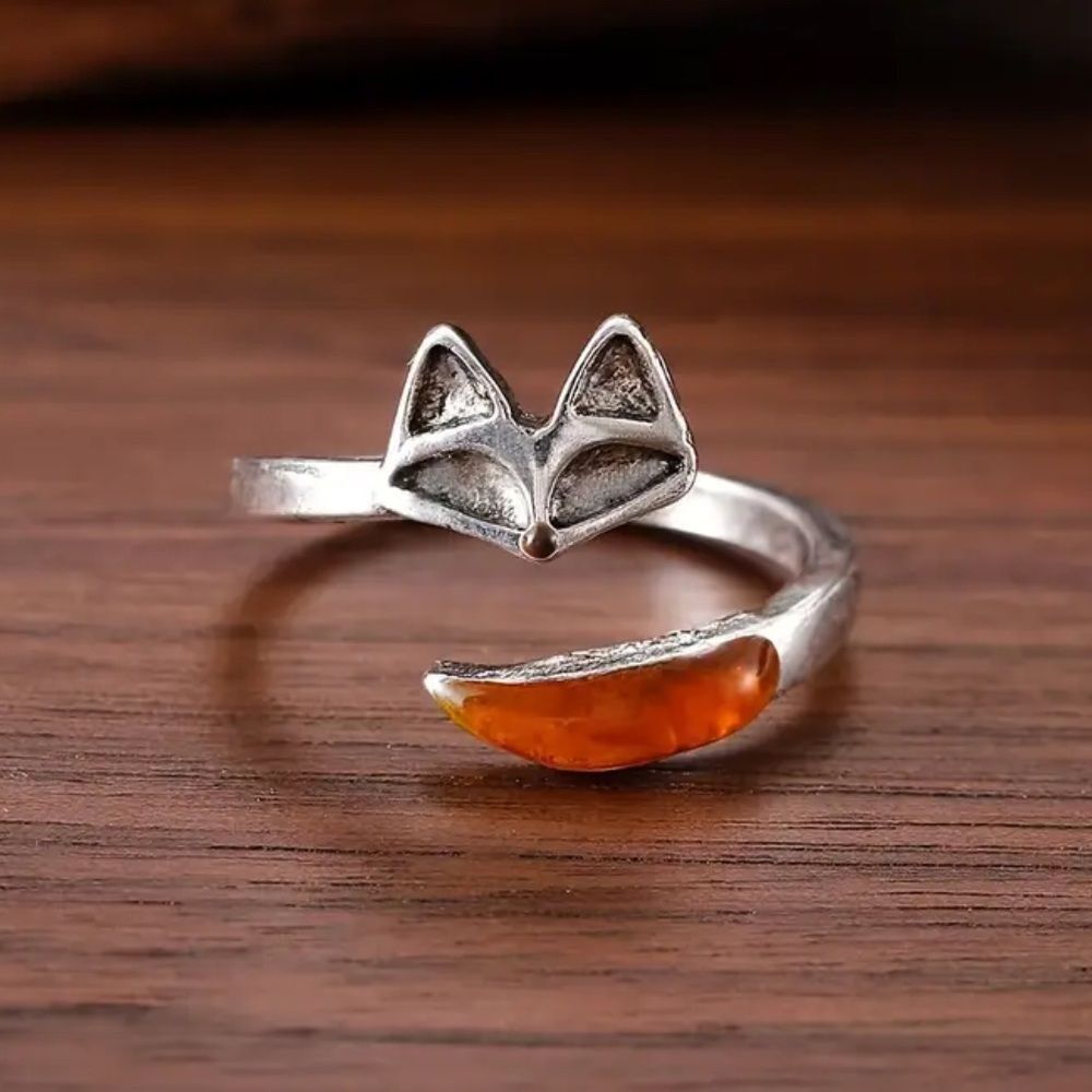 Fox ring with amber tail adjustable size silver metal orange gift